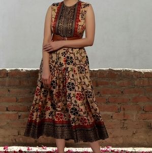 Beige Kalamkari Printed Cotton Silk Box Pleated Long Dress